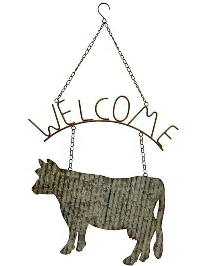 Metal Cow Welcome Sign Hanging in Brown