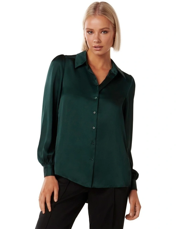 Ren Satin Button Through Blouse in Green