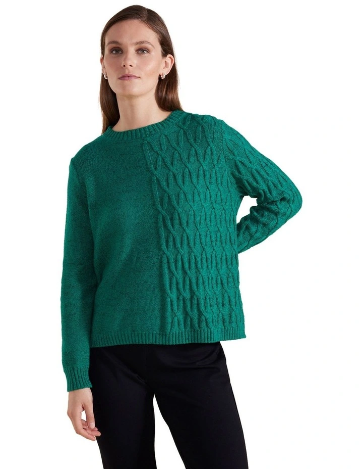 Long Sleeve Cable Knit Sweater in Forest