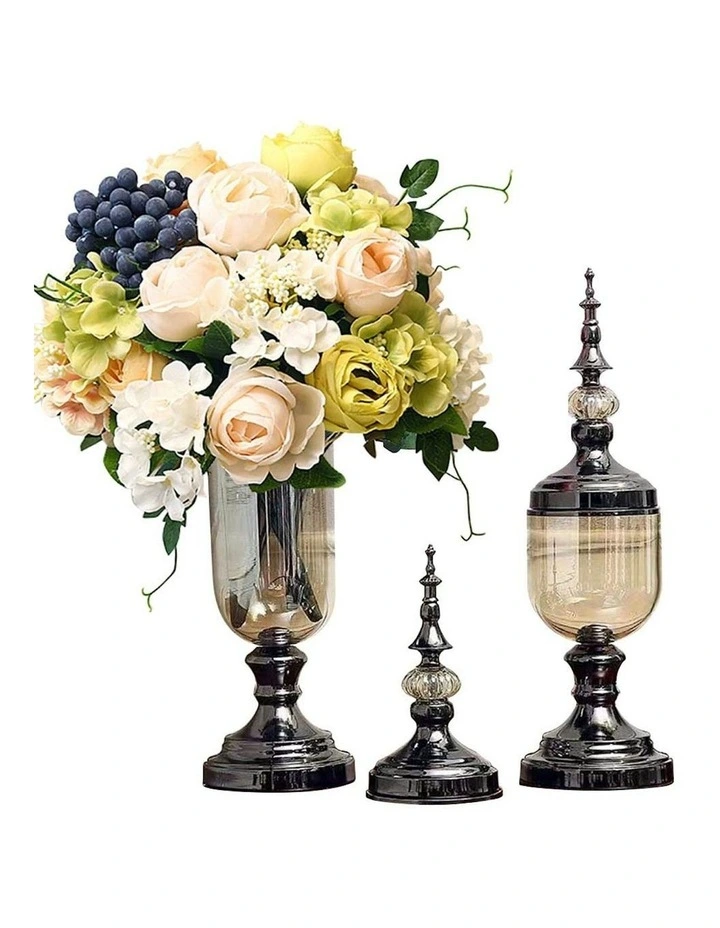 Clear Glass Flower With Lid And White Flower Filler Vase Set x2 in Multi
