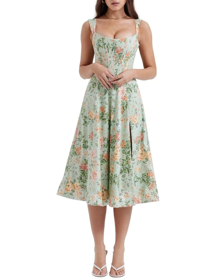 Saira Midi Sundress in Light Jade Print