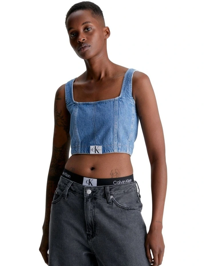 Corset Denim Top in Mid Blue