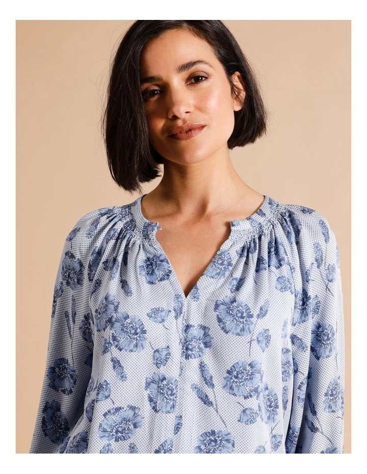 Long Sleeve Shirred Neck Top In Blue Tonal Floral