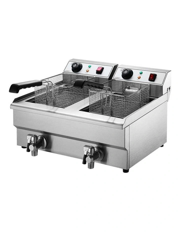 20L Electric Commercial Deep Fryer Double Baskets Oil Taps 6000W