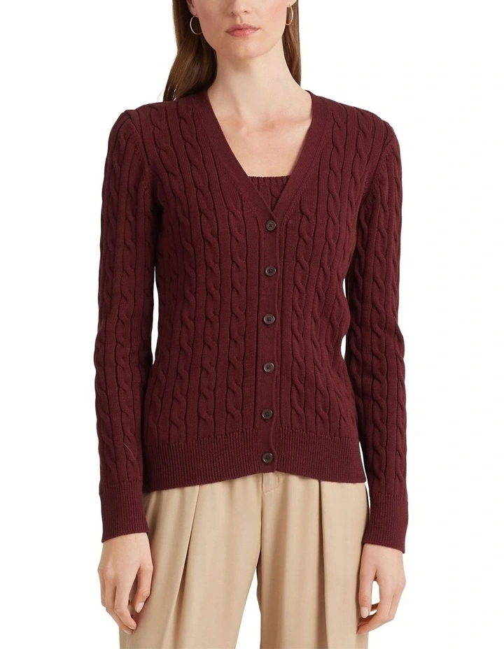Cotton Cable-Knit Cardigan in Red