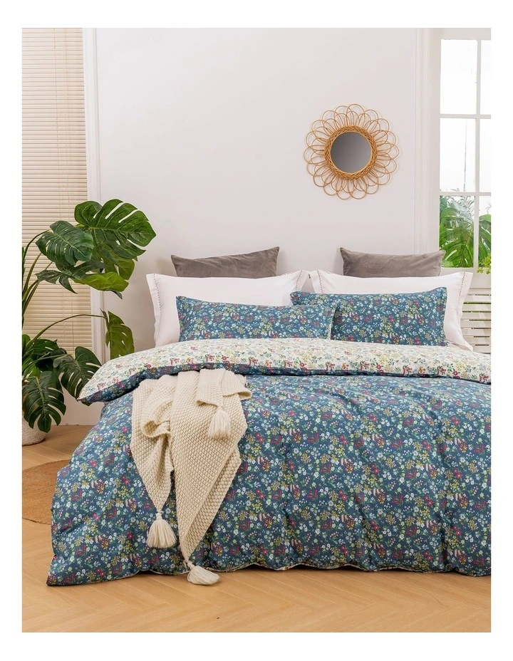 Olivia Floral Cotton Reversible Quilt Cover Set in Blue