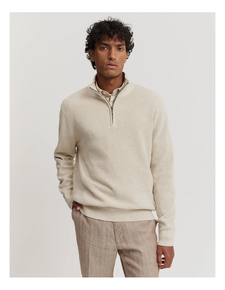 Australian Cotton Textured Half Zip Sweat Top in Oat Milk