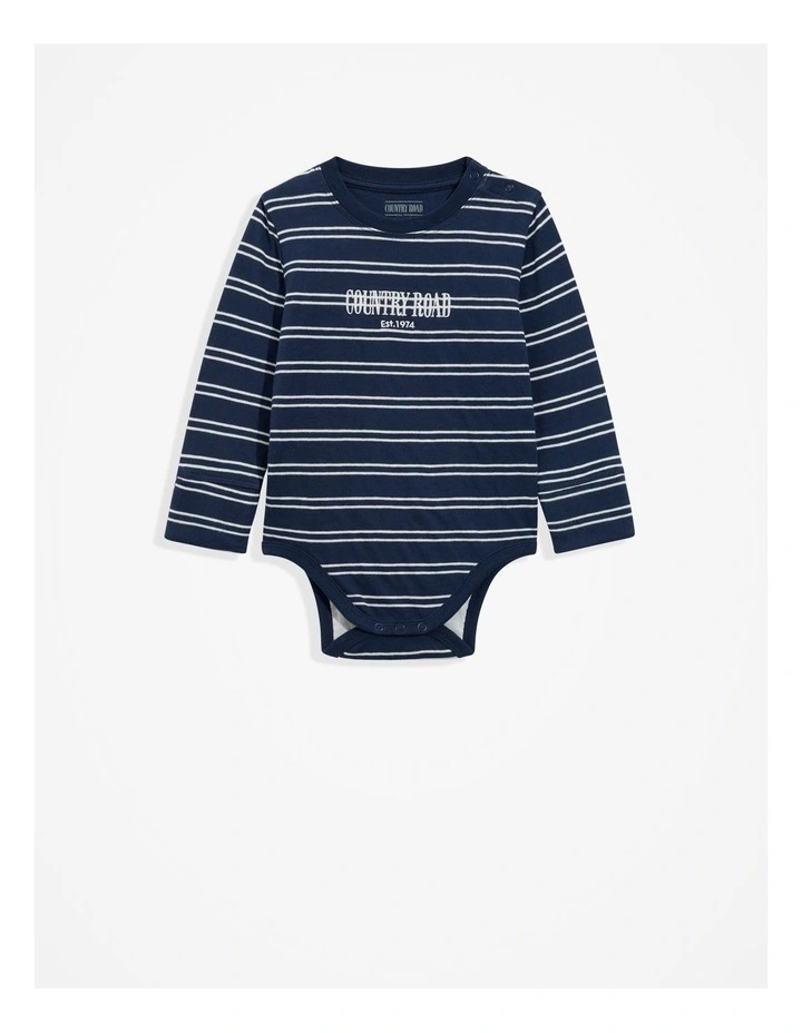 Organically Grown Cotton Heritage Long Sleeve Bodysuit in Navy Stripe