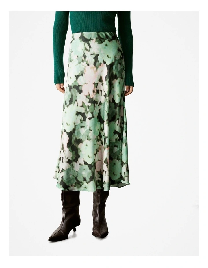 Satin Blurred Floral Bias Skirt in Dark Green