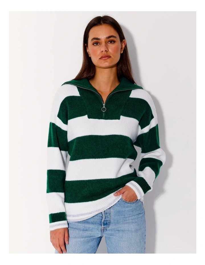 Zip Neck Knit Jumper in Forrest Green/Ivory