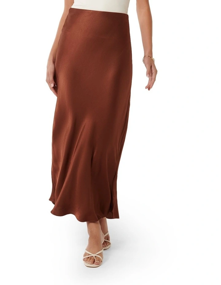 Prue Satin Bias Midaxi Skirt in Brown