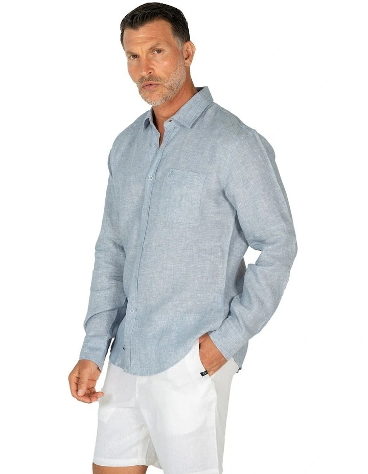 Long Sleeve Linen Shirt in Blue Marle