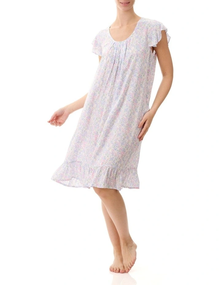 Short Nightie Flutter Sleeve in White Multi