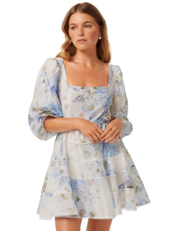 Esmie Tiered Floral Skater Mini Dress in Blue Warrantina