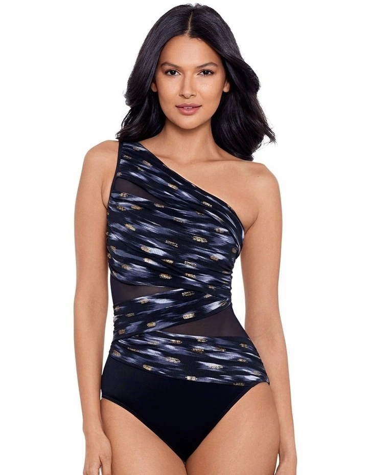 Bronze Reign Jena One Shoulder Tummy Control Swimsuit in Black Multi