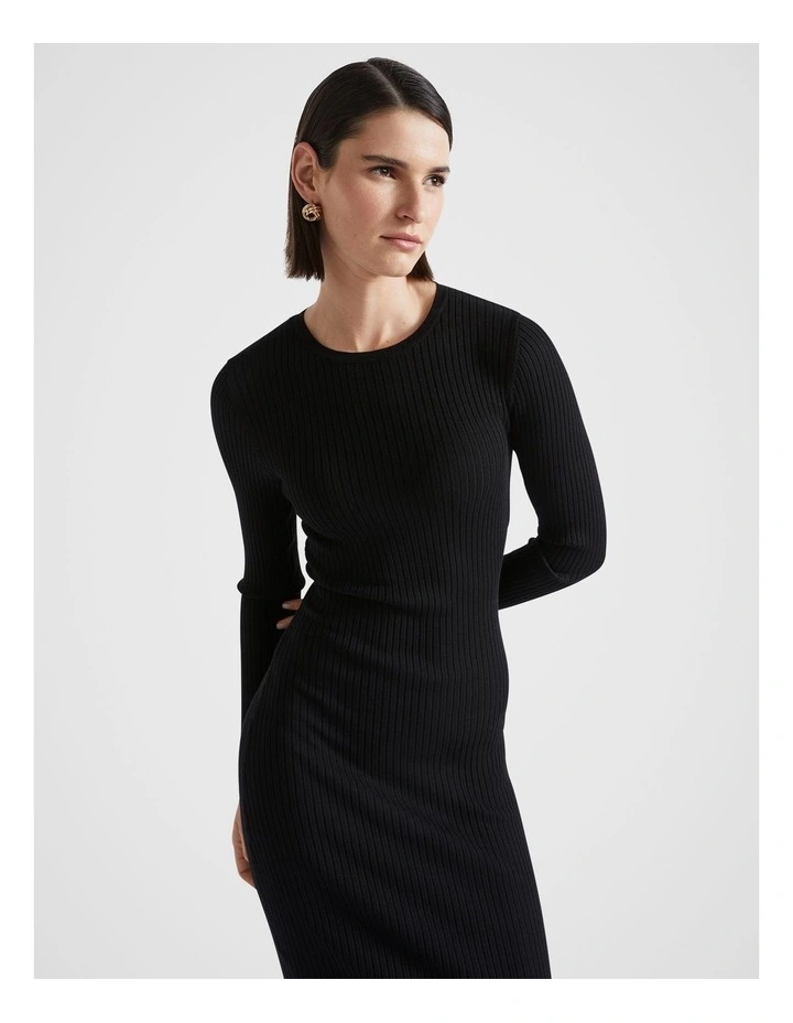 Rib Knit Crew Neck Dress in Black