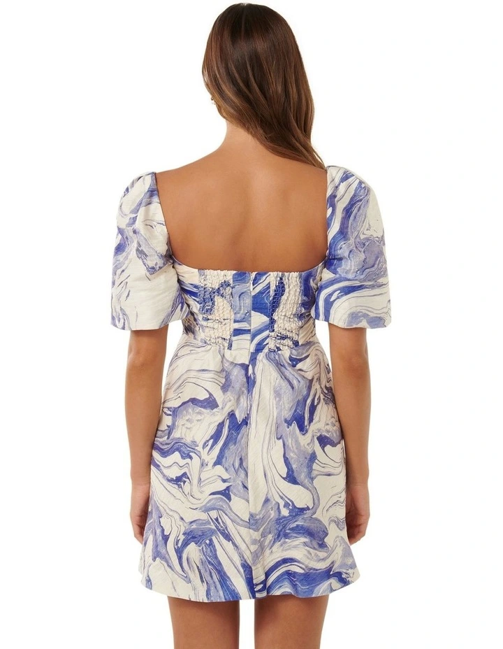 Abigail Printed Puff Sleeve Mini Dress in Blue