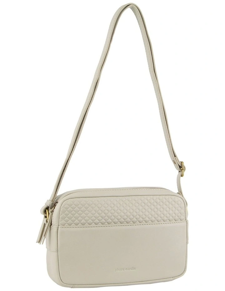 Diamond Pattern Embossed Leather Crossbody Bag in Bone