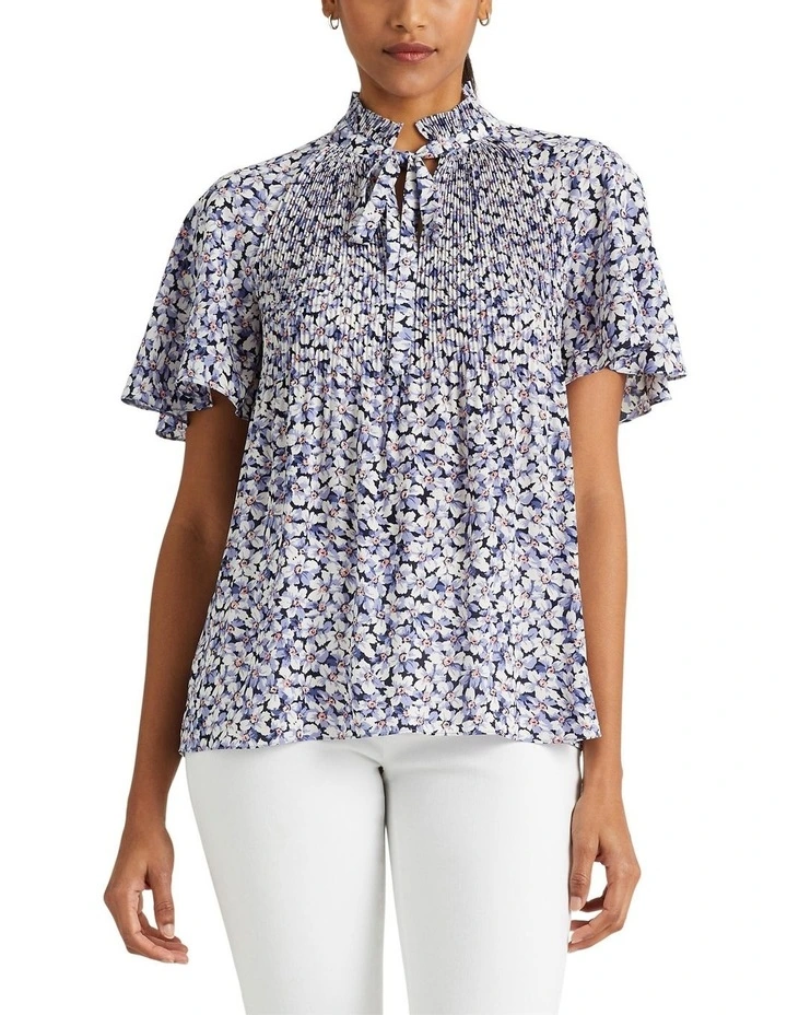 Floral Pleated Georgette Blouse in Blue