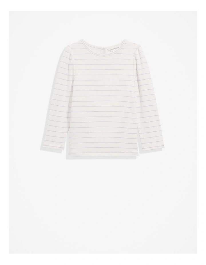 Recycled Polyester Blend Gathered Long Sleeve T-shirt in Lilac Stripe