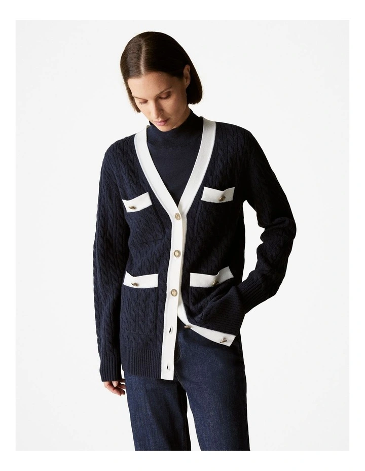 Merino Cashmere Blend Cable Cardigan in Night Sky