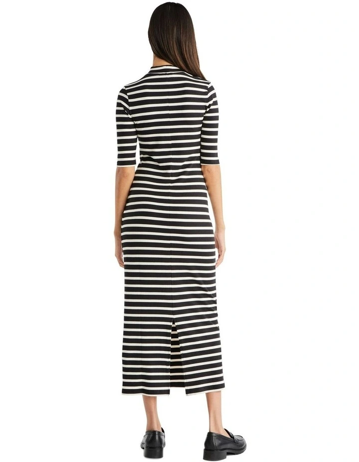 Slim Rib Midi Stripe Dress in Black