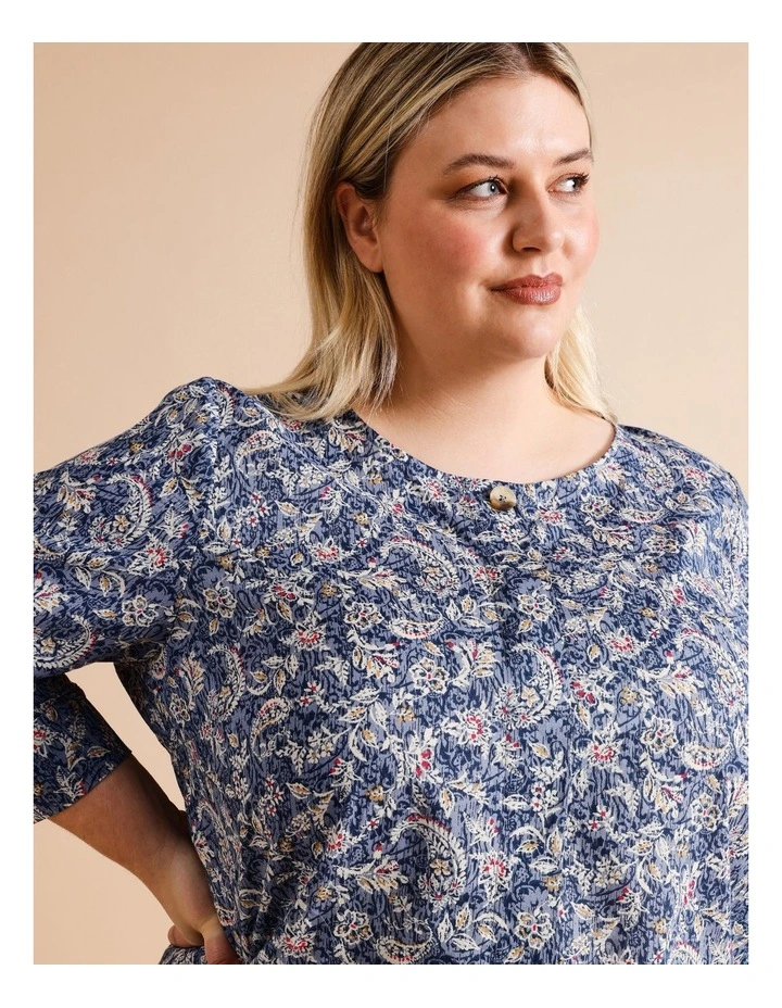 Organic Cotton 3/4 Sleeve Swing Top Button Neck In Blue Paisley Print