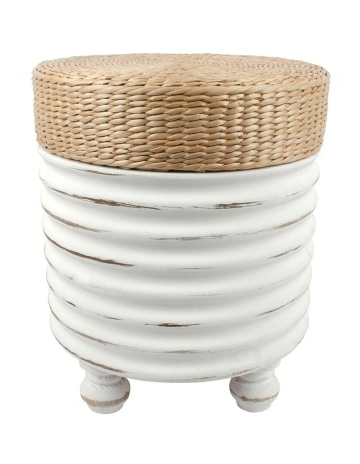 Round Side Table Cum Cushion Stool in Distressed White/Natural