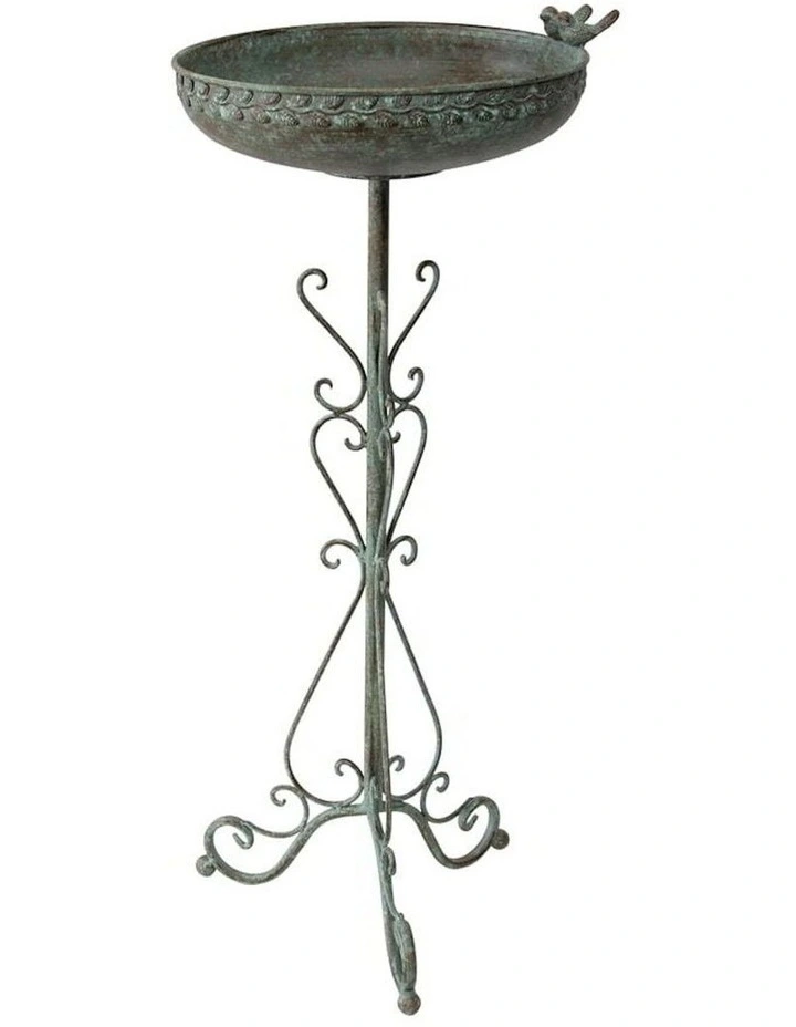 French Round Standing Birdbath in Brushed Green