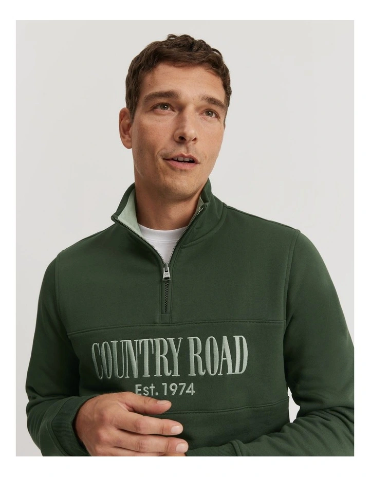 Verified Australian Cotton Half Zip Heritage Sweat in Eden Green Multi