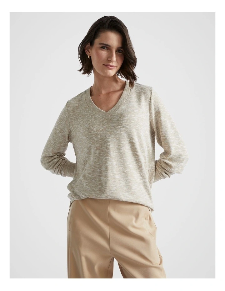 V Neck Supersoft Top in Champagne Beige Marle