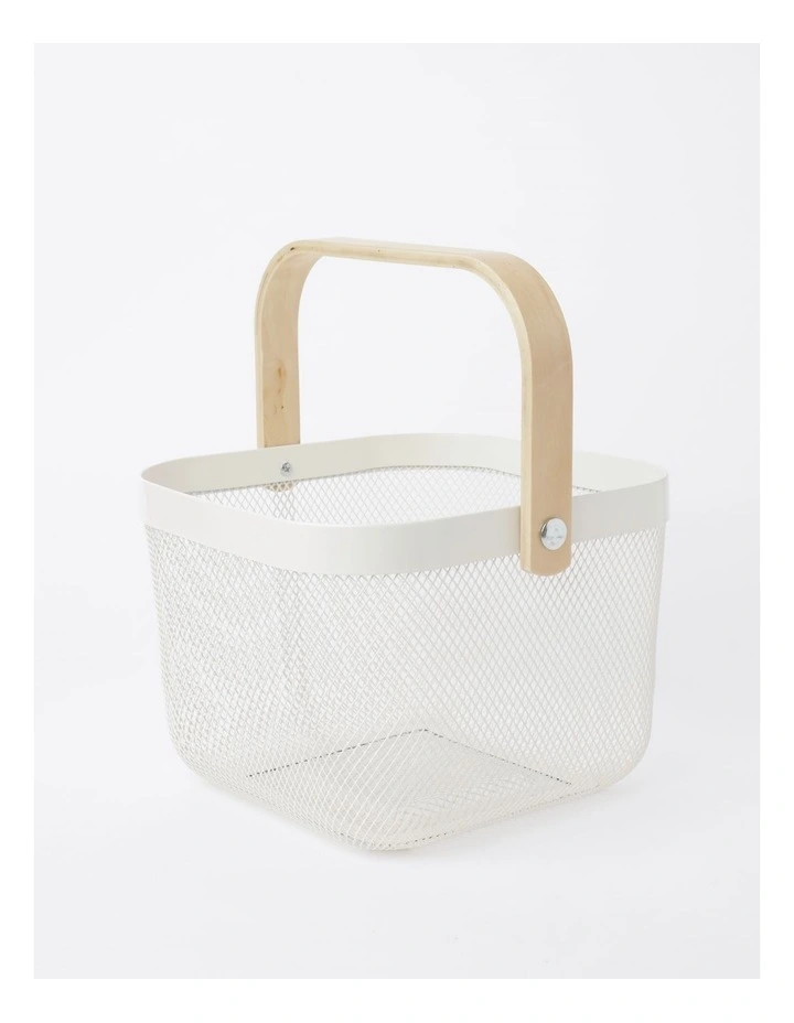 Mesh Basket with Wood Handle 24.5x24.5x18cm in White