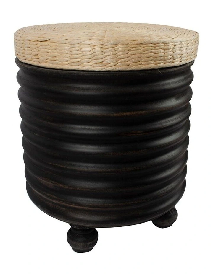 Round Side Table Cum Cushion Stool in Distressed Black/Natural