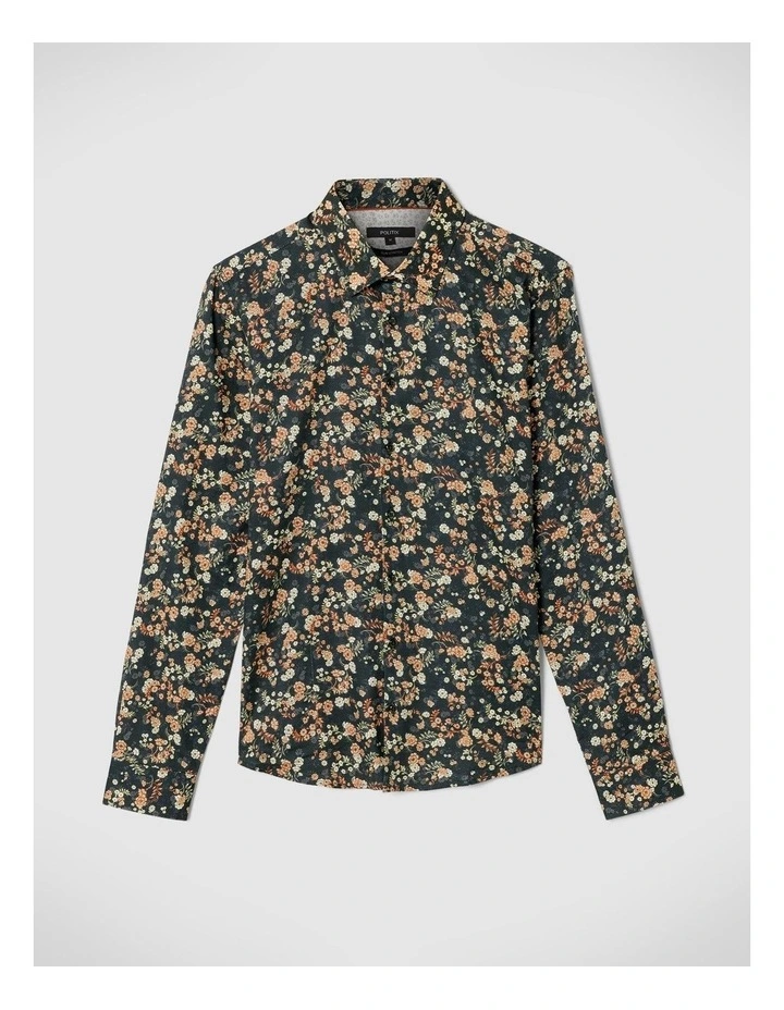 Slim Stretch Floral Long Sleeve Shirt in Dark Green