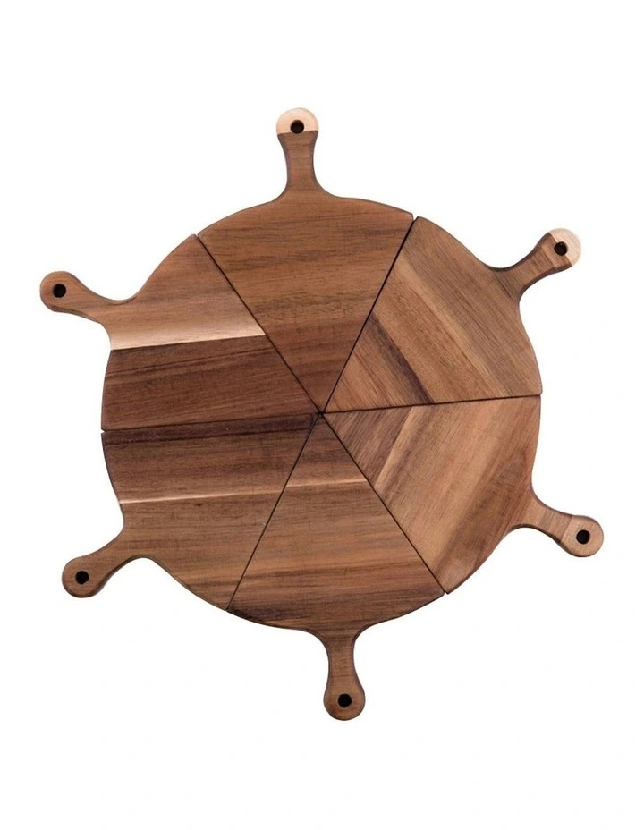 Round Divisible Wood Pizza Server Food Plate Board 6 Pieces in Brown