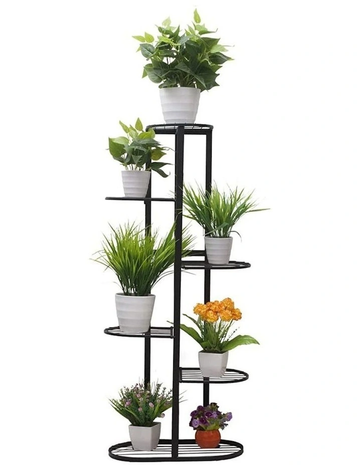 6 Tier 7 Pots Metal Flowerpot Shelf Rack in Black