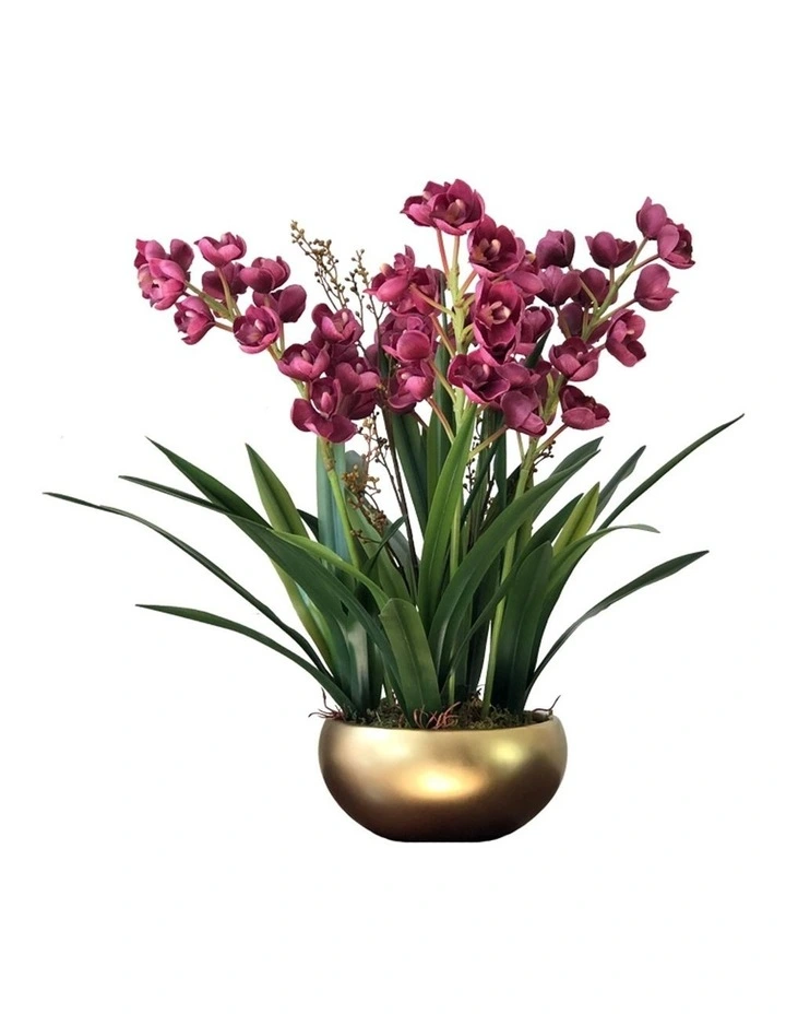 Real Touch PEVA Purple Cymbidium Orchid arrangement in gold pot
