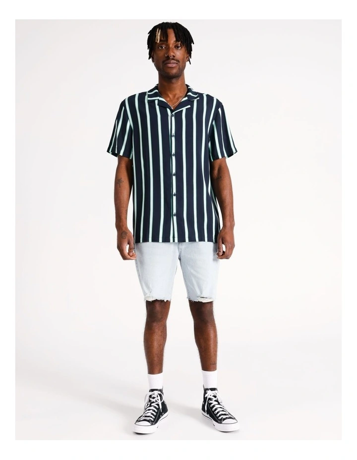 Sonic Stripe Print Short Sleeve Rayon Shirt in Navy
