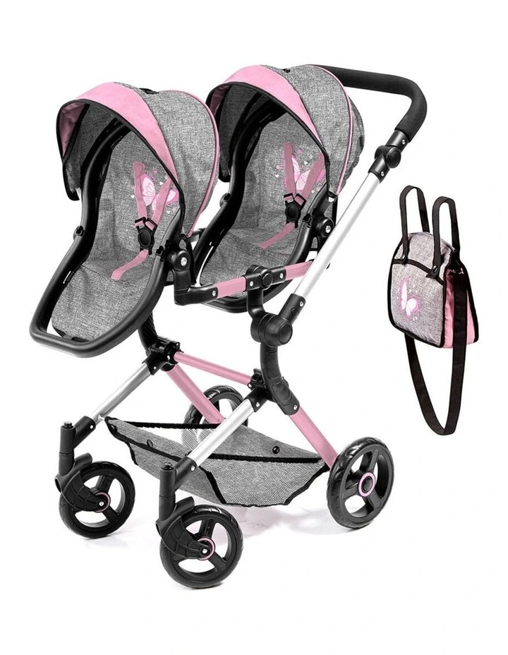 Bayer Twin Neo 81.5cm Pram/Stroller for 46cm Dolls Grey/Pink Butterfly Kids Toy