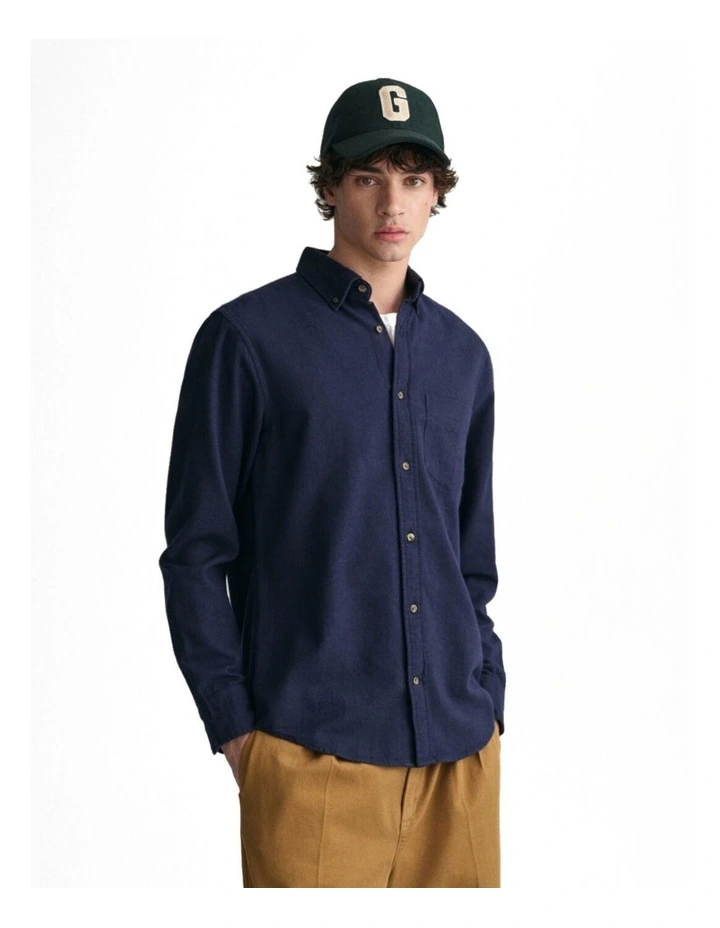 Regular Fit Herringbone Flannel Shirt in Marine