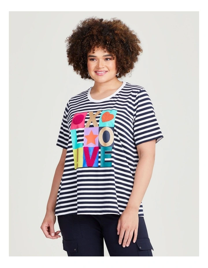 Cotton Slogan Stripe Top in White/Navy