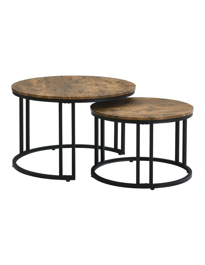 Industrial Round Metal and Wooden Nesting Coffee Table in Rustic Dark Brown