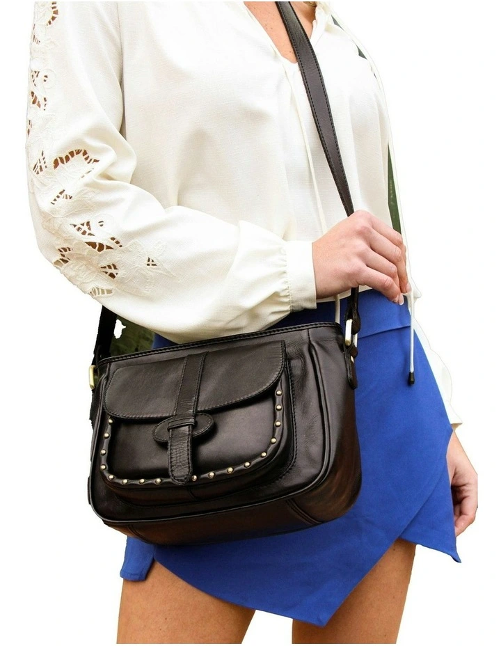 Leather Stud Detail Cross Body Bag in Black