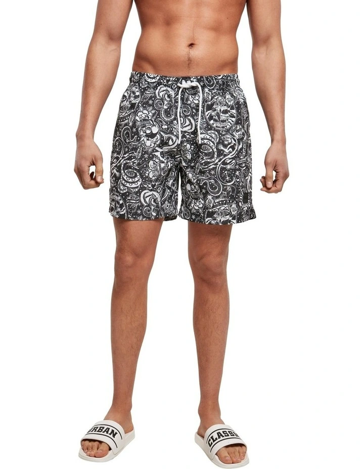 Tattoo Pattern Swim Shorts in Black