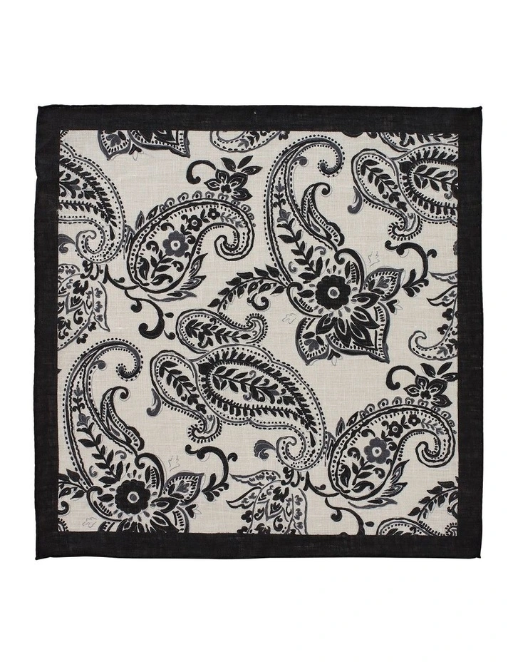 Folk Paisley Linen Pocket Square in Black & White