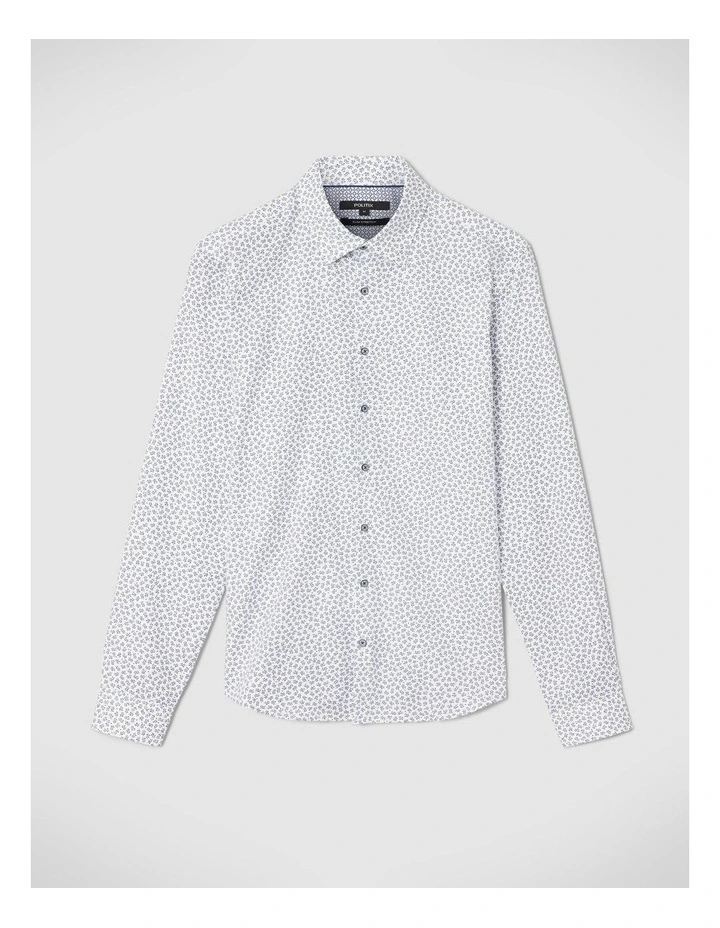 Slim Stretch Micro Floral Long Sleeve Shirt in White/Blue