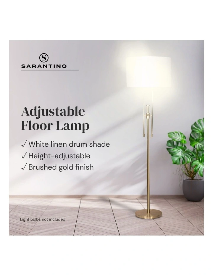 Metal Height-Adjustable Floor Lamp Brushed with Drum Shade Gold