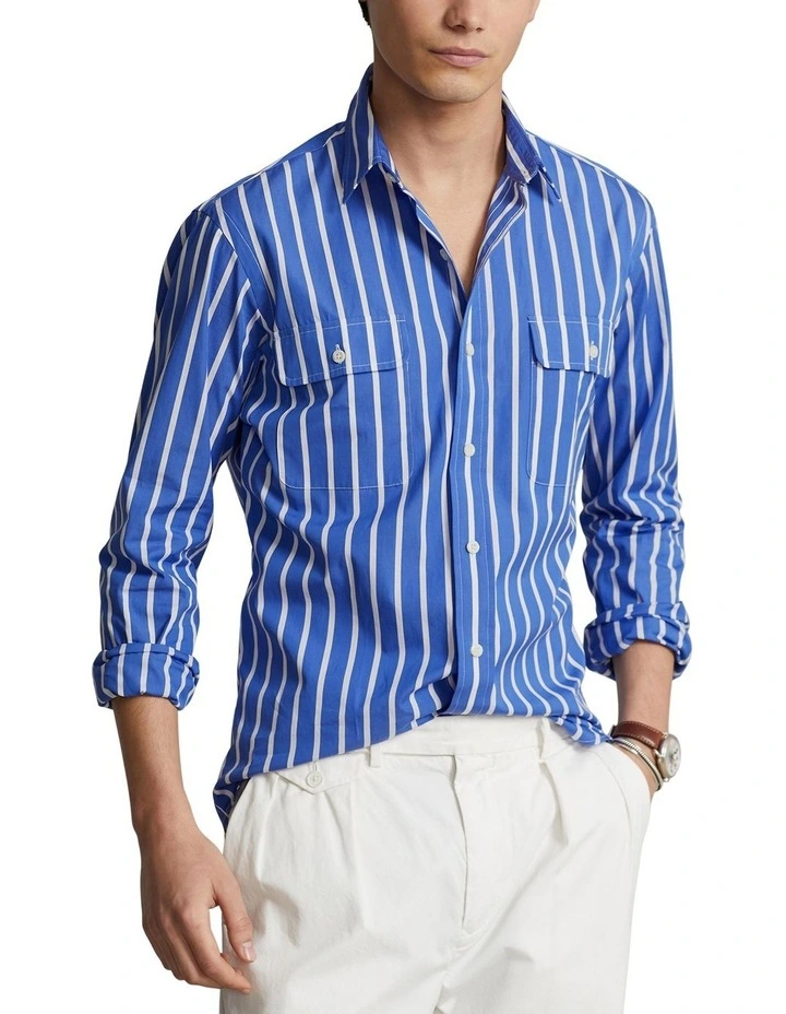 Classic Fit Striped Poplin Workshirt in Blue