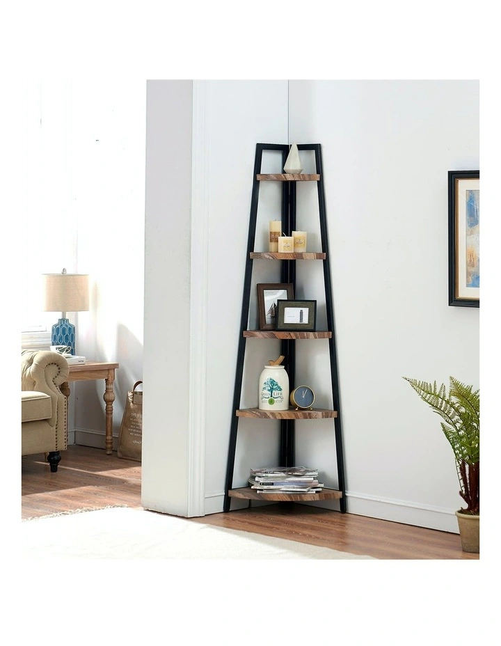 5 Tier Industrial A-Shaped Corner Bookshelf Retro Brown