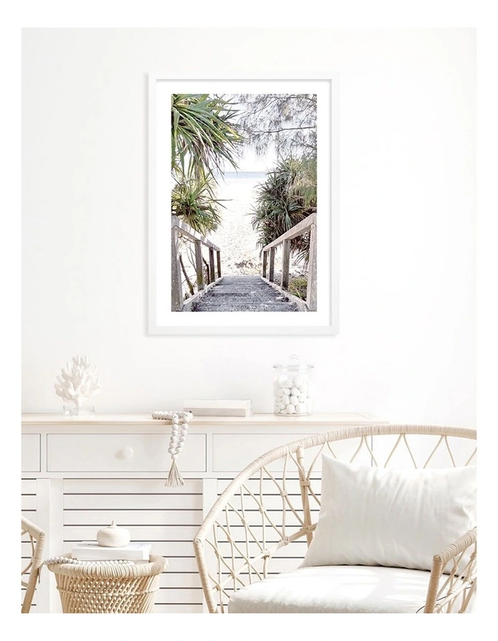 Australian Made Wategos Beach Stairs Art Print A2 in White Frame
